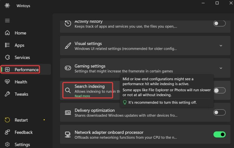 Search Indexing Toggle Under Performance In Wintoys