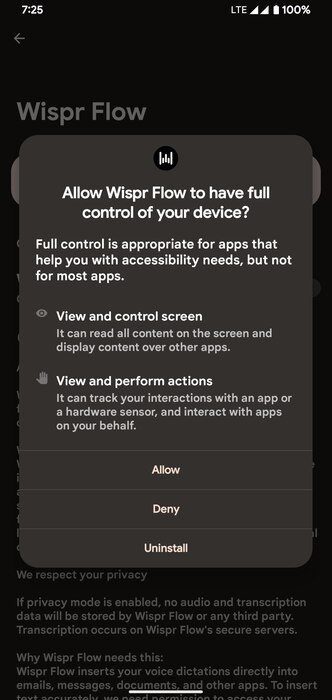 Select Allow Wispr Flow Permission