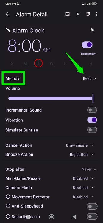 Selecting Melody in Turbo Alarm