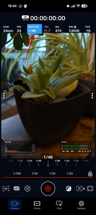 Changing shutter speed in Blackmagic Camera app on Android. 
