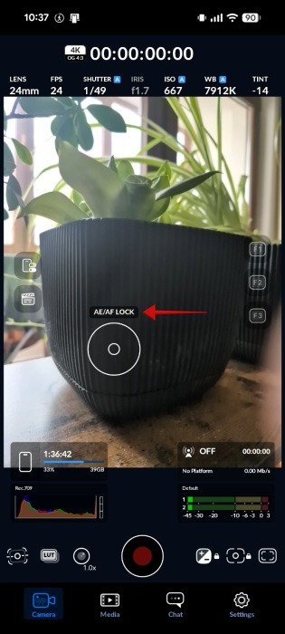 Tapping "AE/AF Lock" option in Blackmagic Camera on Android. 