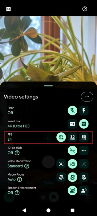 Changing FPS in Pixel Camera video settings on Android.