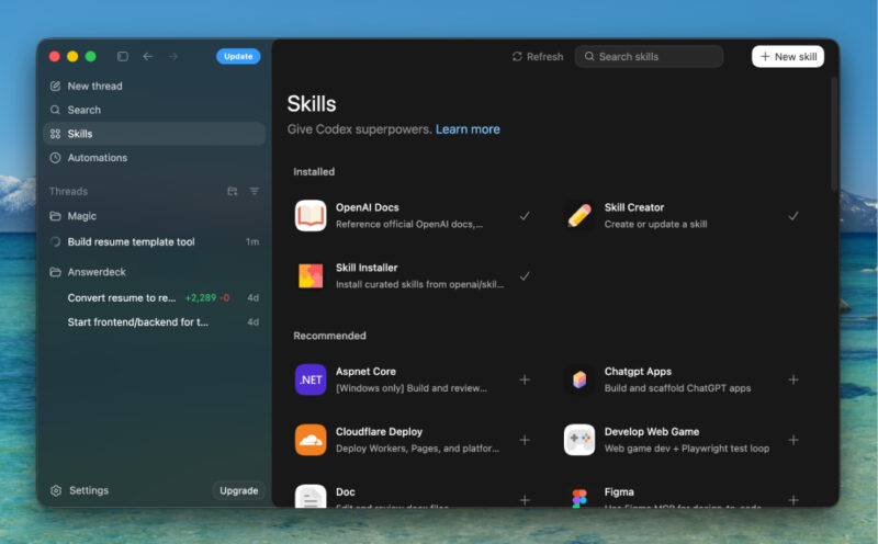 Codex skills in the desktop app