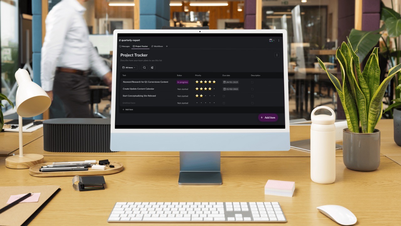 A mockup showing Slack Lists on a computer, created in Canva