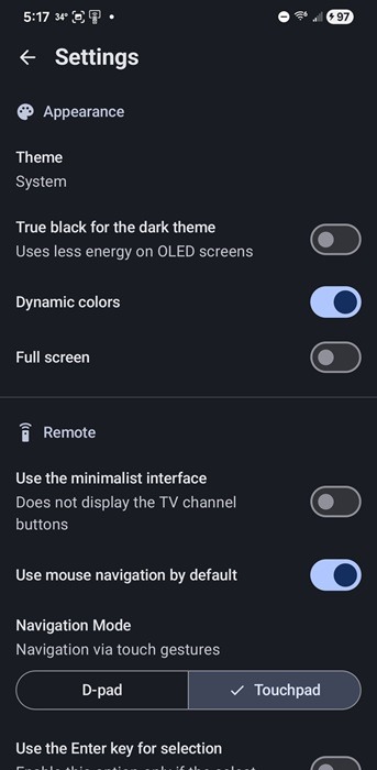 Bluetooth Remote app settings.