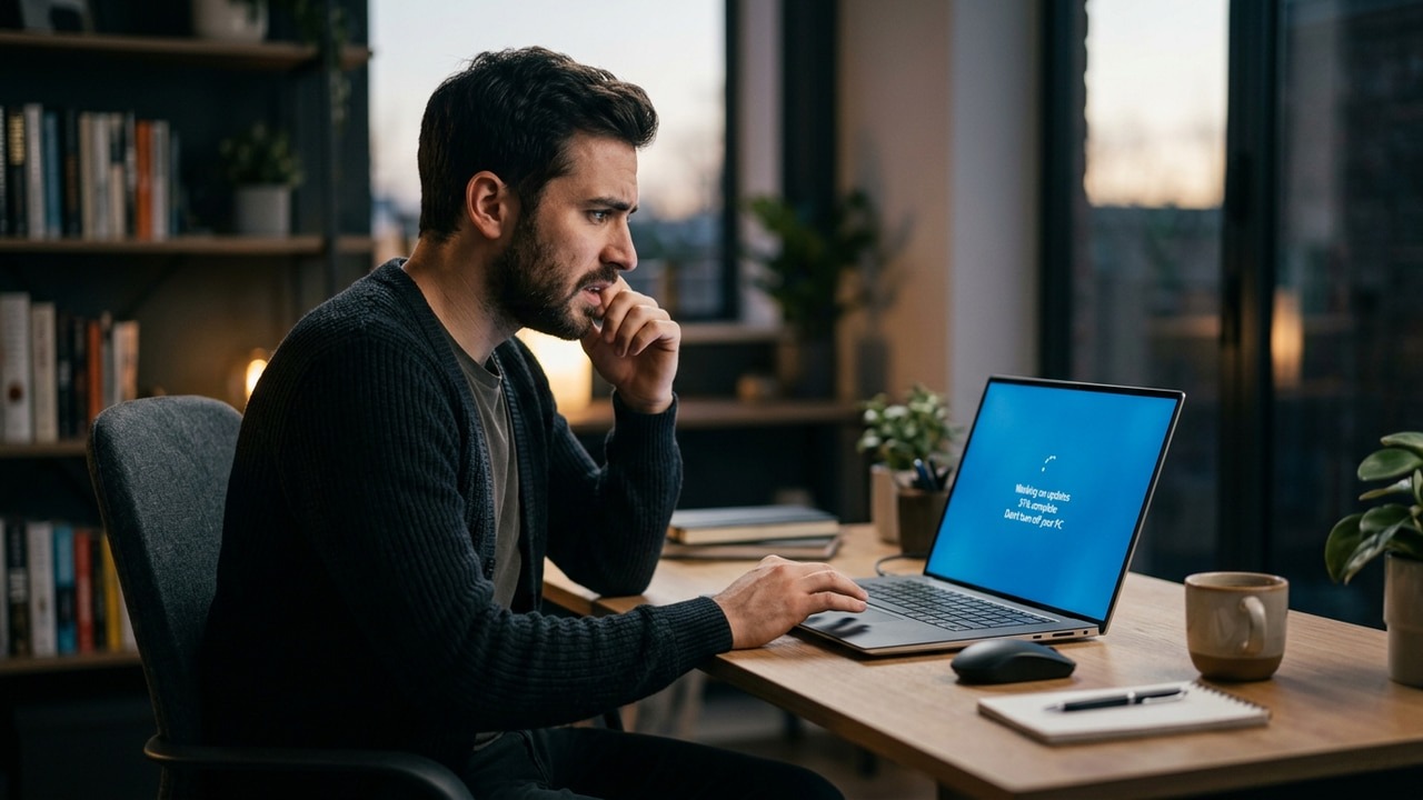 A man looking at a laptop concerned about the updating sequence on it