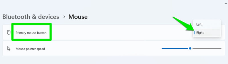 change primary mouse click option in Windows settings