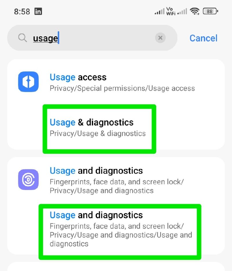 Usage And Diagnostics Results in settings search