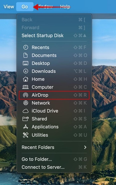 Pressing AirDrop option in Go menu on Mac. 
