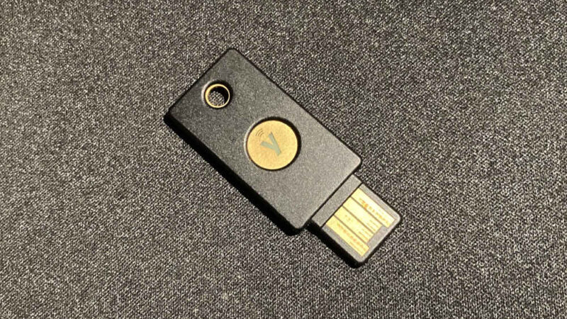 A photograph of a Yubikey 5 hardware security key.
