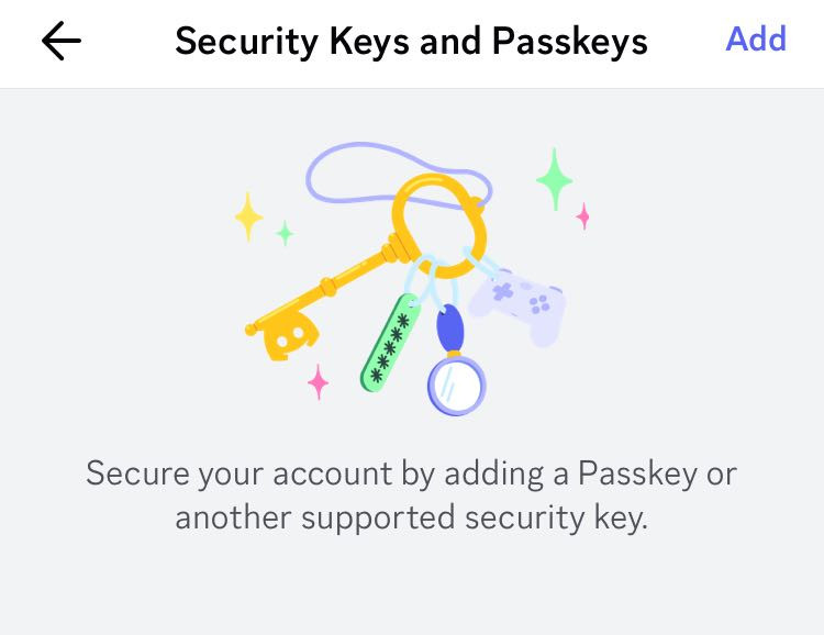 A screenshot showing the standard prompt screen for adding a security key in Discord.