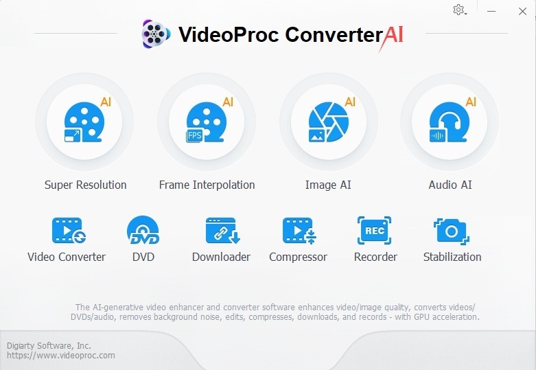 VideoProc Converter AI main screen with all tools listed.