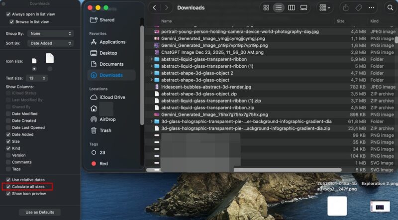 Enabling "Calculate all sizes" for directory on macOS. 