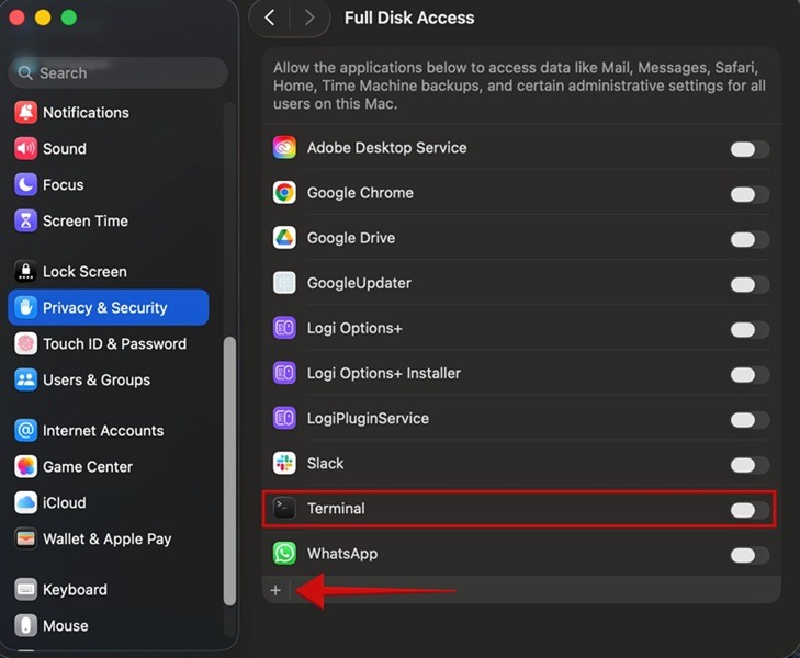 Clicking "+" to add new Full Disk Access exception in macOS.