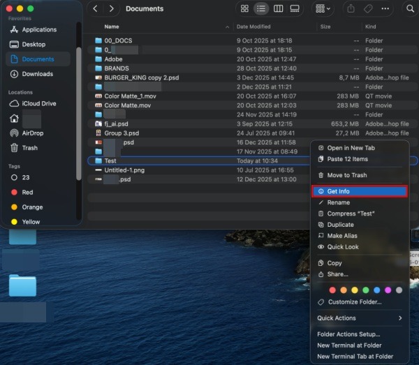 Clicking on "Get info" option in context menu for folder on macOS.