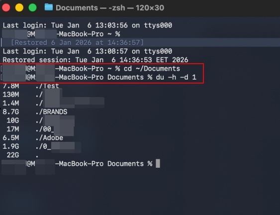 Viewing folder sizes via Terminal on macOS.