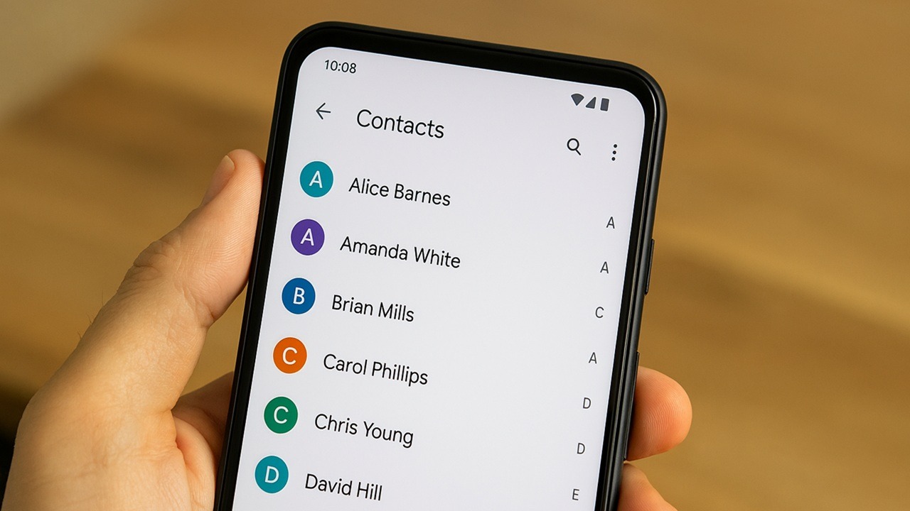 Android phone with contacts visible on screen.
