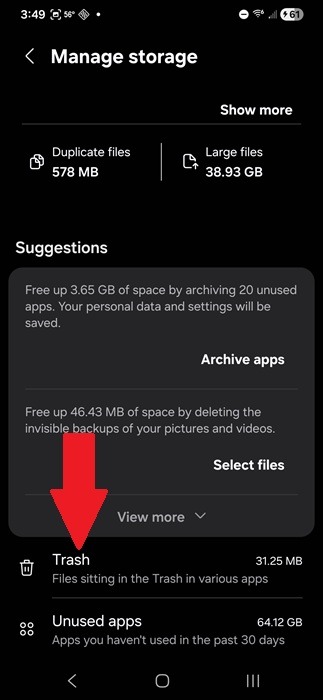 Open Trash folder on Samsung Galaxy.