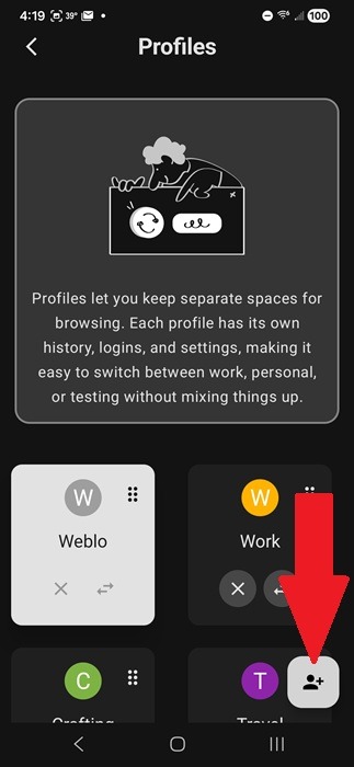 Creating a new profile in Weblo.