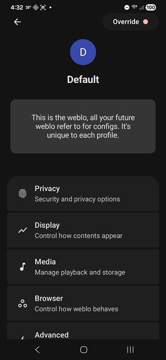 Viewing Weblo profile settings.
