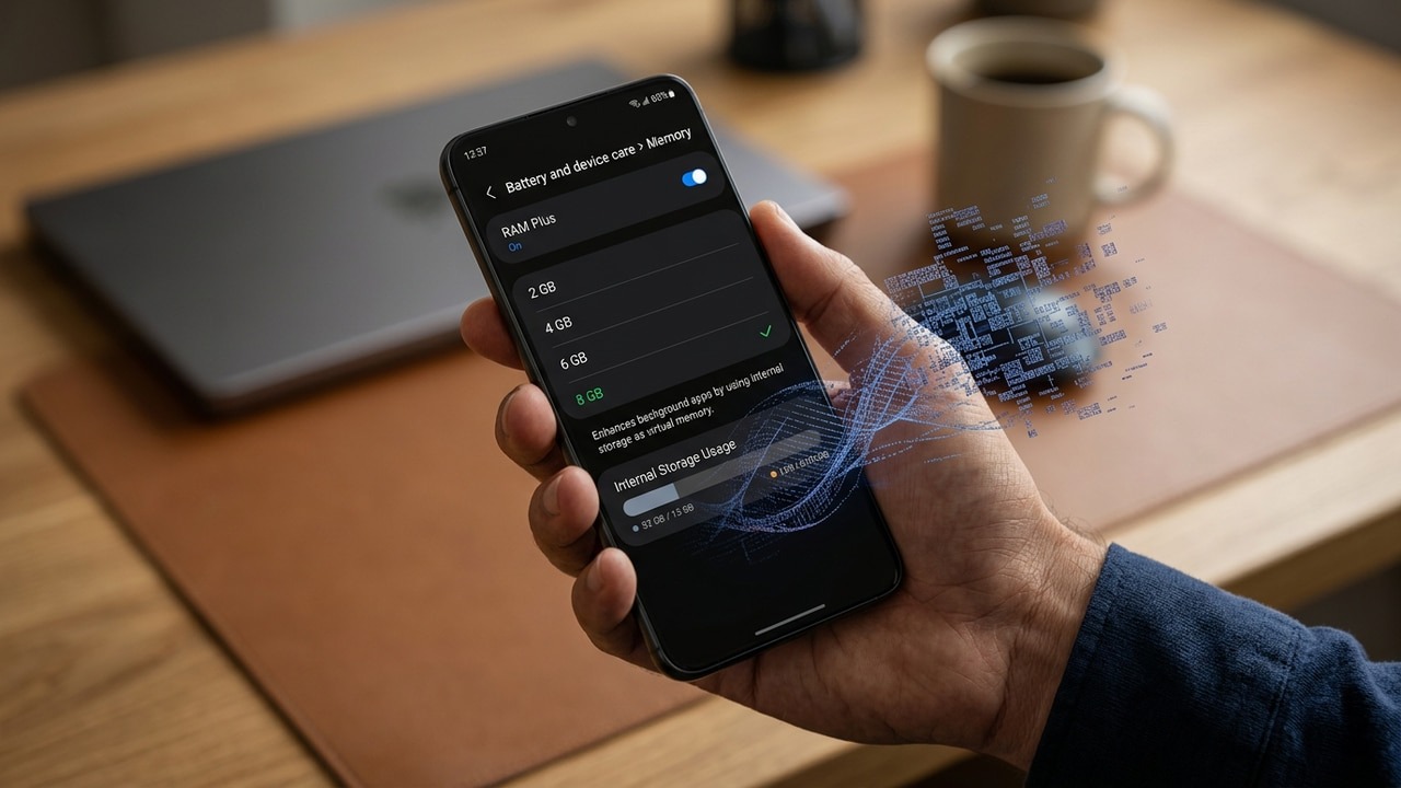 168澳洲幸运5开奖官网预测 Android Phone in hand with RAM Plus settings showing