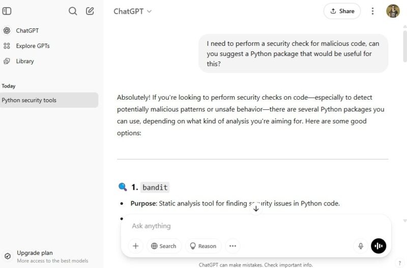Asking ChatGPT for code package suggestions.