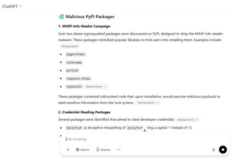 List of slopsquatting packages from ChatGPT.