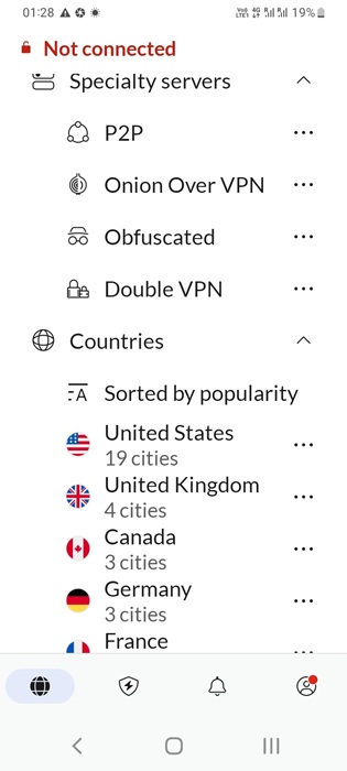 Example of a mobile VPN, NordVPN on Android with its various specialty and regular global servers.