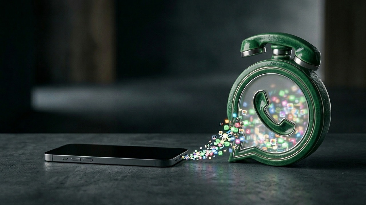 phone with a WhatsApp icon with content flowing from icon into the phone