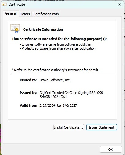 Example of a valid EV certificate in Windows, using Brave as the example.