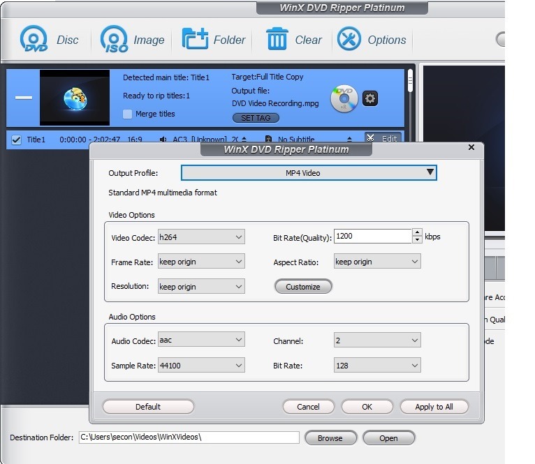 Changing audio and video options before ripping.