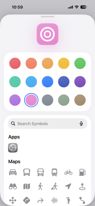 Selecting icon for shortcut in Shortcut app on iPhone.