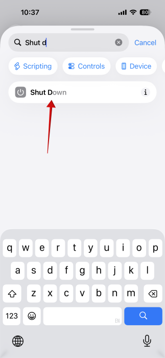Selecting "Shut Down" action in Shortcuts app on iPhone.