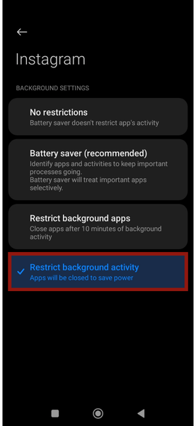 Android Instagram App Info Restrict Battery