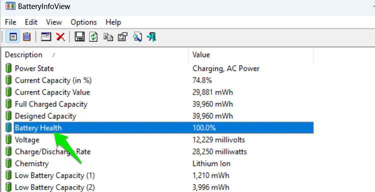 BatteryInfoView showing battery stats and health