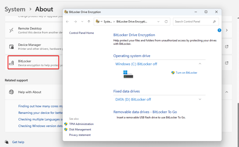 Bitlocker Settings Redirecting To Control Panel