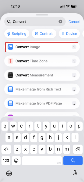 Adding "Convert Image" action for new shortcuts in Shortcuts app on iPhone. 