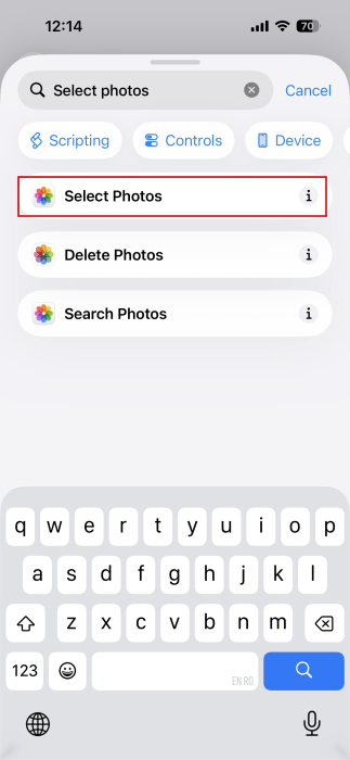 Looking for "Select Photos" action for new shortcut in Shortcuts app on iPhone.