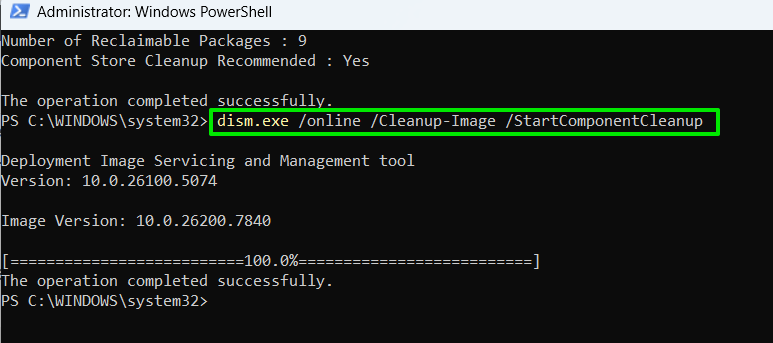 Running PowerShell command to clean WinSxS Folder