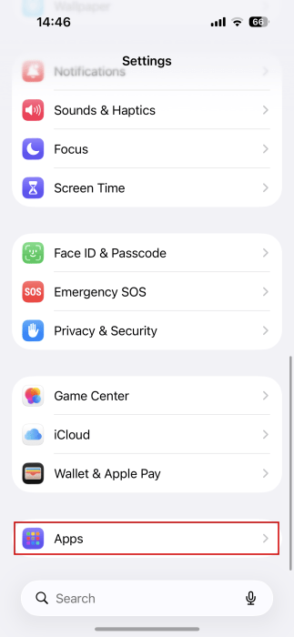 Navigating to Apps in iPhone Settings. 