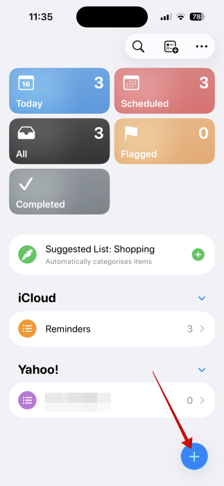 Pressing "+" button in Reminders app on iPhone. 