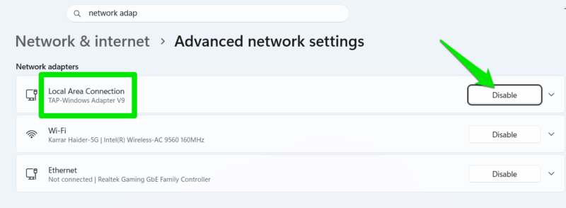 Disabling Network Adaptor in Windows