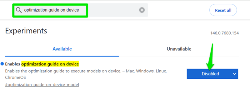 Disabling Optimize Guide On Device flag in Chrome