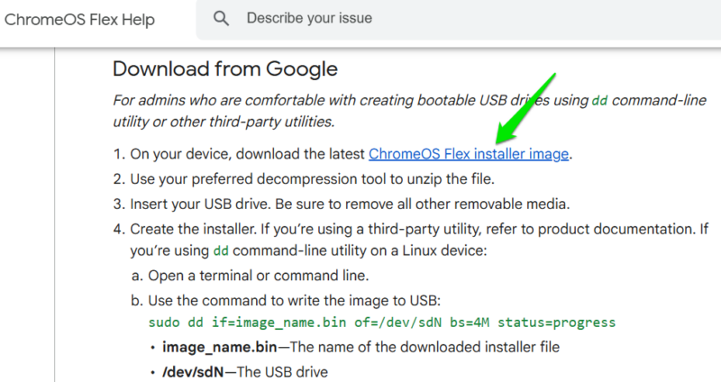 ChromeOS Flex documentation with download link