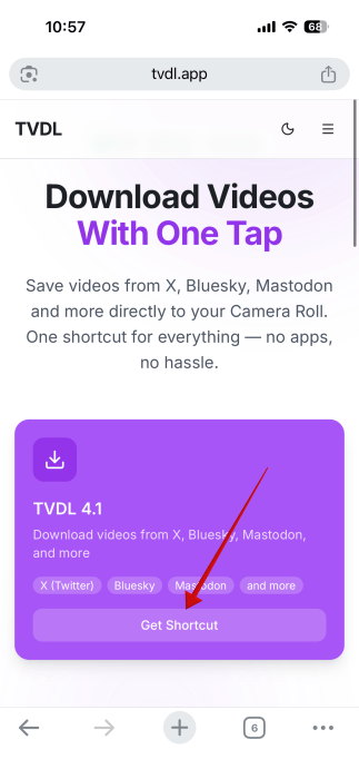 Tapping on "Get Shortcut" option on TVDL page. 