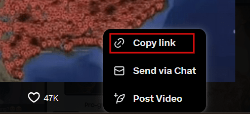 Clicking "Copy link" option for video in X web client. 