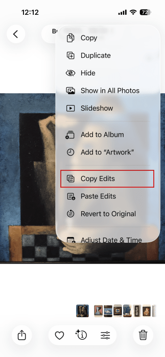 Tapping "Copy Edits" option for edited photo on iPhone. 