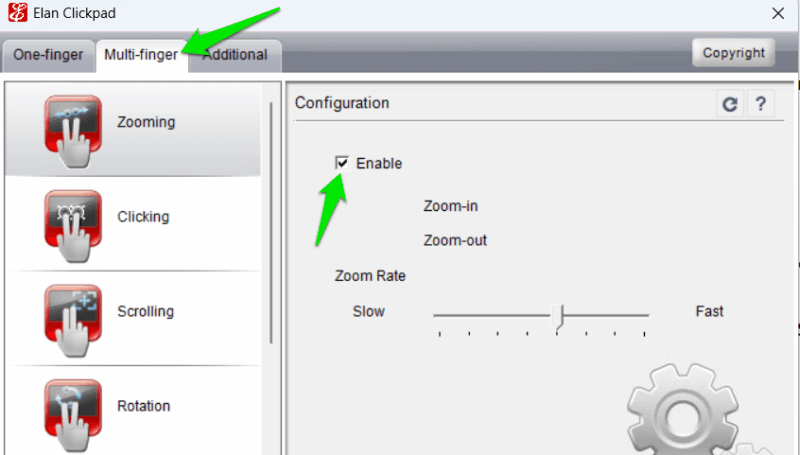 Elan list of multi-gestures and their settings