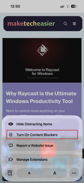 Tapping on "Turn on Content Blockers" in Safari. 