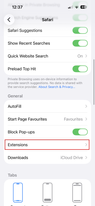 Tapping on "Extensions" in Safari settings on iPhone. 